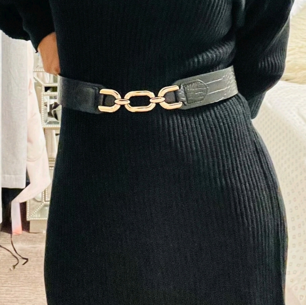 Womens Black Vegan leather elegant corset chunky Gold link boho wide waist belt - Picture 13 of 14
